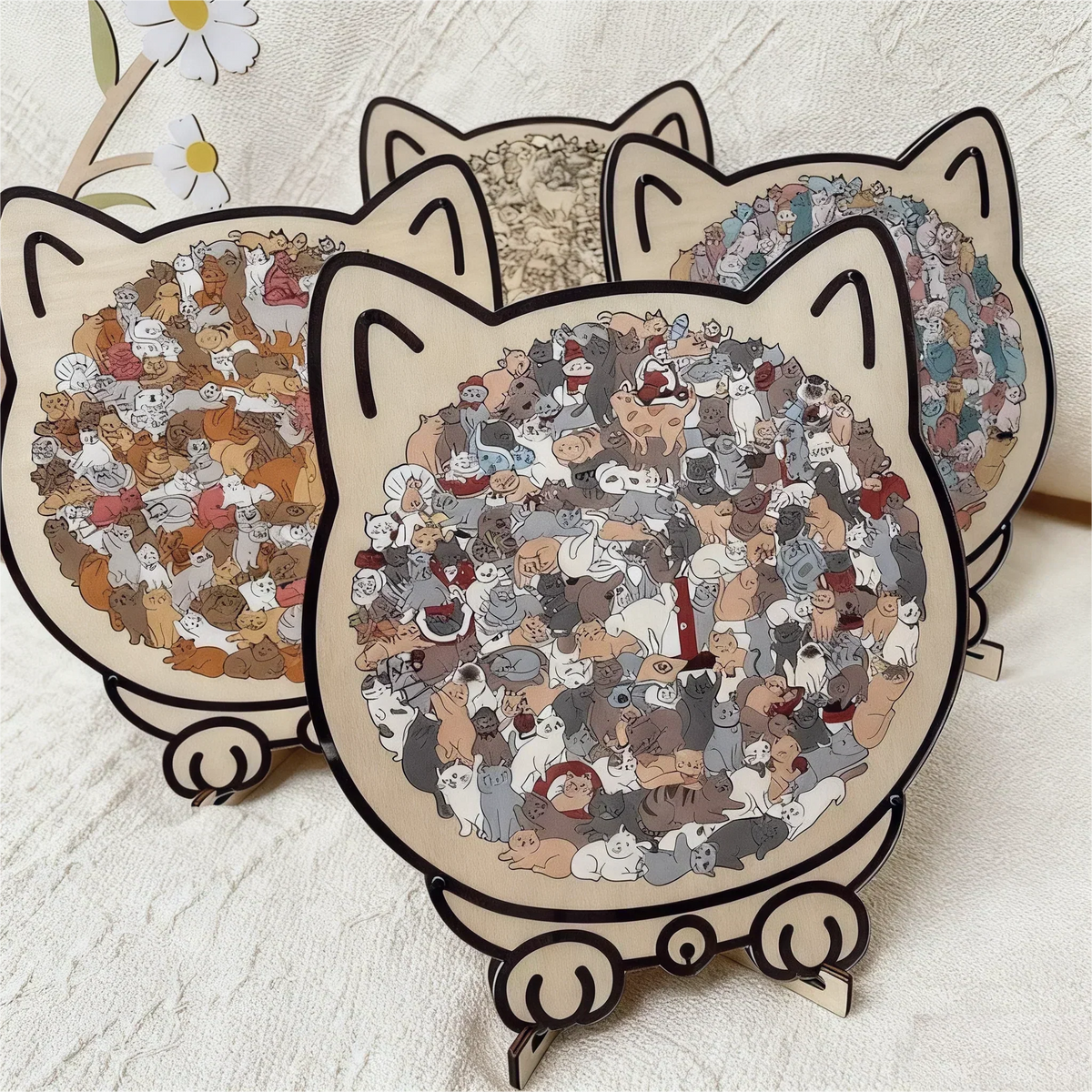 🎅🎄Fából készült macska alakú kirakó, 135 darabos, Morandi színekben🐱🎁